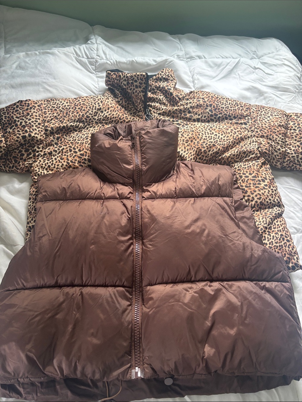 Brown Puffer Vest with Leopard Puffer Jacket Layer